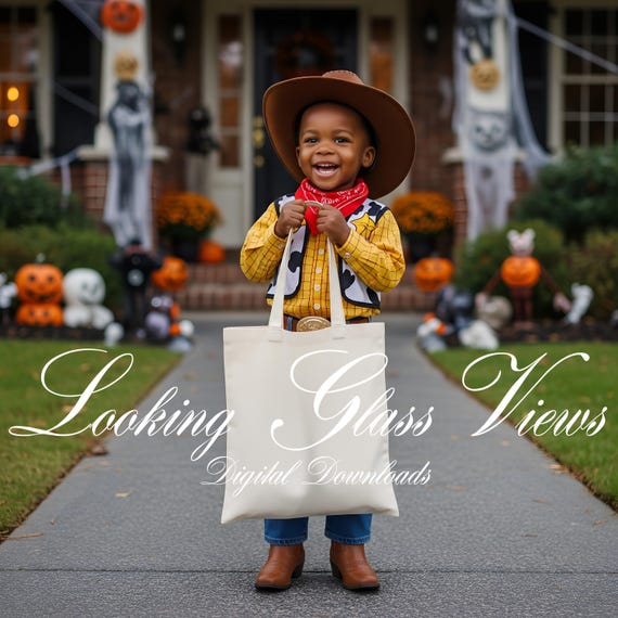 Halloween Tote Bag Mockup Kids Tote Mockup  Little Cowboy Mockup Canvas Tote Bag Mockup Trick or Treat Tote Mockup Childs Tote Bag Mockup
