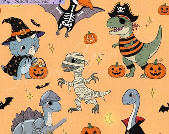 Padrão digital sem costura de dinossauros para o Halloween: dinossauros pedindo doces ou travessuras, esqueletos, piratas, bruxas, múmias, abóboras, morcegos, luas e estrelas. Ideal para crianças.