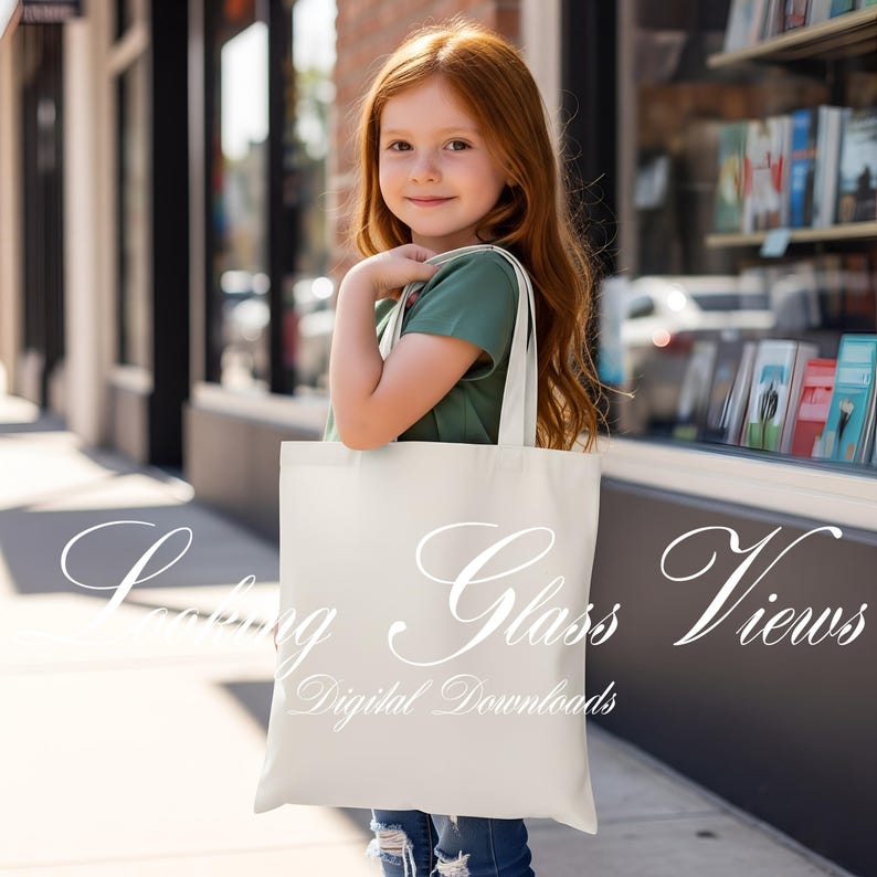 Puede incluir: Un bolso tote de color crema con el texto "Looking Glass Views Digital Downloads" en escritura elegante. El bolso lo lleva una persona con pelo largo pelirrojo, con una camiseta verde y vaqueros, de pie en una acera frente a una tienda.