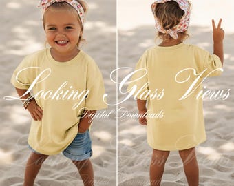 Girls Oversized T-Shirt Mockup Front and Back Dual View Yellow Comfort Colors 9018 Butter Mockup Kids Beach Summer Mockup