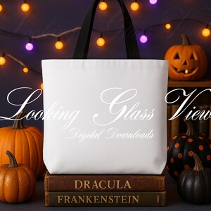 Fall Tote Bag Mockup White Tote Bag Black Handle Mockup Autumn Tote Bag Mockup Book Lover Reader Tote Mockup Bookish Halloween Tote Bag Mock image 3
