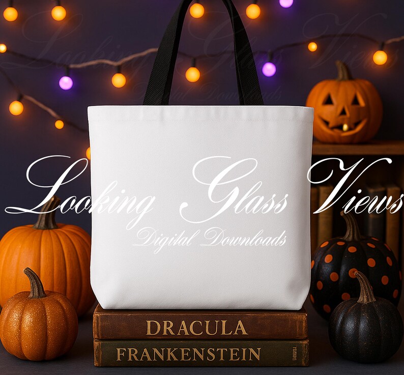 Fall Tote Bag Mockup White Tote Bag Black Handle Mockup Autumn Tote Bag Mockup Book Lover Reader Tote Mockup Bookish Halloween Tote Bag Mock image 3