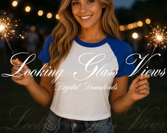 4th of July Mockup Patriotic White and Royal Blue Bella Canvas 1201 Mockup  Crop Top Mockup Raglan Baby Tee Mockup