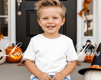 Mockup di Comfort Colors 9018 per bambini, modello di maglietta di Halloween, modello di maglietta per bambini, modello autunnale per bambini, modello autunnale con zucche spettrali, modello di maglietta per ragazzi