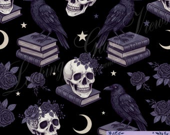 Gotisk Korpskalle Sömlöst Mönster Digitalt Papper Bokliknande Mörk Academia Sömlöst Tryck Svarta Rosor Månstjärnor Böcker Halloween Upprepande Design