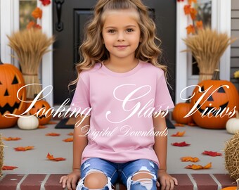 Halloween T-Shirt Mockup Kids Shirt Mockup Girls Pink Tee Pumpkins Fall Mockup Child Mockup Gildan 5000B Mockup Youth Pink T-Shirt Mockup