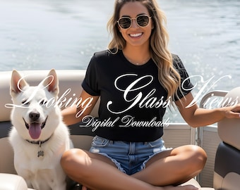 Dog Lover Mockup Girl and Dog Mockup Black Gildan 5000 Mockup Womans Black T-shirt Mockup Dog Mom Black Tee Mock Up Model Mockup Lake Mockup