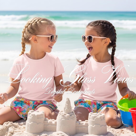 Girls Shirt Mockup Kids Summer Lifestyle Beach Mockup Sisters Matching Shirts Family Vacation Mockup Bella Canvas 3001T Pink Tee Mockup