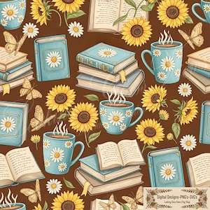 May include: A seamless pattern on a dark brown background featuring illustrations of light blue books with daisy covers, open books with text, light blue mugs with daisy patterns and steam, yellow sunflowers, and tan butterflies.