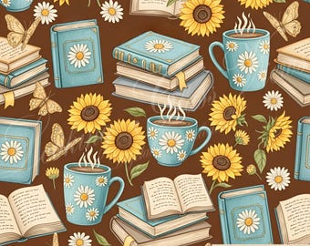 Livros e café, papel digital, padrão sem emendas, girassóis, margaridas, papel sem emendas, design digital, impressão floral sem emenda, design repetido