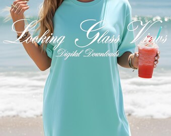 Comfort Colors 1717 Lagoon Blue T-shirt Mockup Summer Shirt Mockup Beach Mockup Boho Aesthetic Mockup Trendy Lifestyle Mockup Oversized Tee