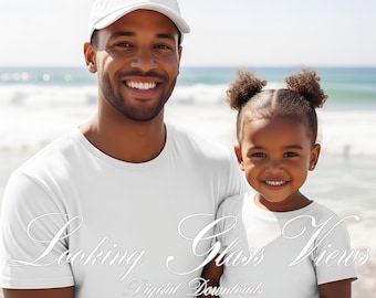 Father's Day Mockup Gildan 5000 White T-shirt Mockup Daddy Daughter Mockup Kids Shirt Mock Father Daughter Beach Mockup African American Dad