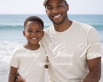 Father's Day Mockup Father and Son Mockup Daddy & Me Natural Matching Shirts Summer Beach Mockup Black Dad and Son