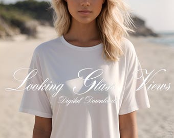 White T-Shirt Dress Mock Summer Mockup Blonde Model Mockup Beach Mockup Oversized T-Shirt Mockup Stanley Stella STDW144 Coastal Girl Mockup