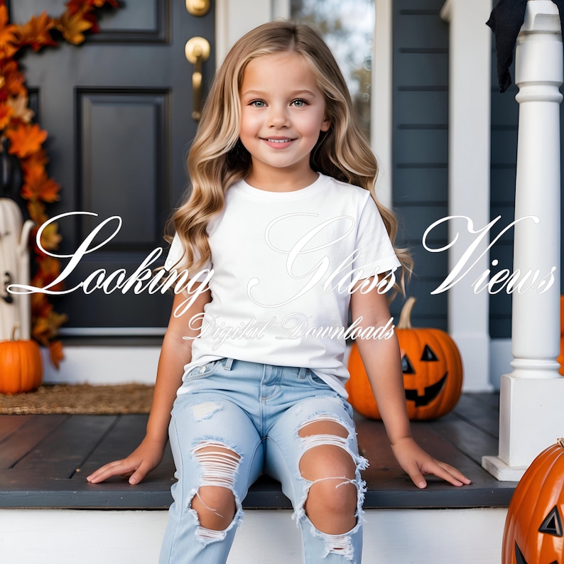 Mockup de Halloween Infantil, Mockup de Camiseta Branca Bella Canvas 3001Y, Mockup de Camiseta Infantil, Mockup de Outono Infantil, Mockup Gildan 5000B, Mockup Comfort Colors 9018 imagem 1