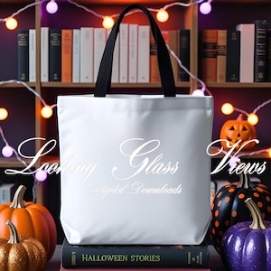 Halloween Tote Bag Mockup White Tote Bag Black Handle Mockup Book Lover Tote Bag Mockup Reader Tote Mockup Bookish Halloween Tote Bag Mockup