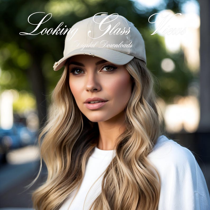 May include: A beige baseball cap with a distressed look and rhinestones on the brim. The cap has the text "Looking Glass" and "Digital Downloads" on it.