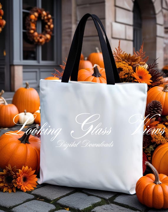 Fall Tote Bag Mockup White Tote Bag Black Handle Mockup Autumn Tote Bag Mockup Book Lover Reader Tote Mockup Bookish Halloween Tote Bag Mock