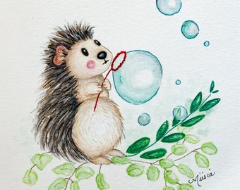 Bubbly ~ A cute, kawaii, whimsical hedgehog blow bubbles | Illustration | Watercolor & Colored Pencil Art Print