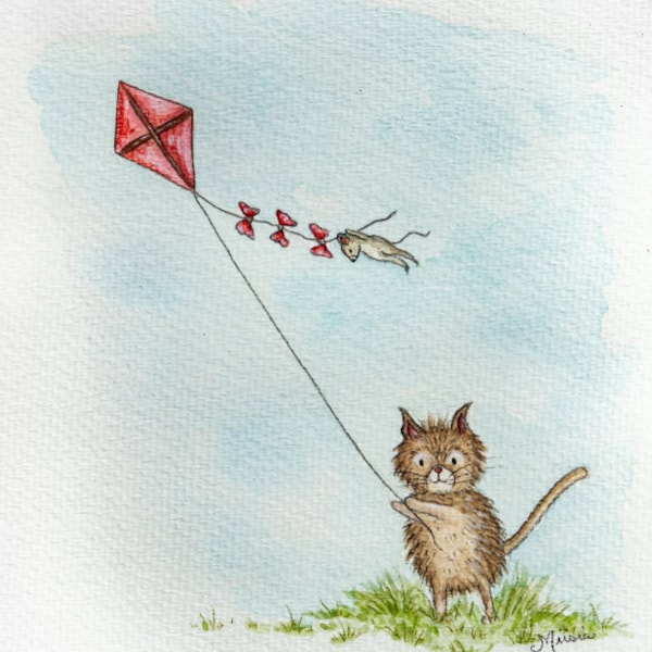 Flying ~ Cute, whimsical cat flying a kite with a mouse | Illustration | Watercolor & Colored Pencil Art Print