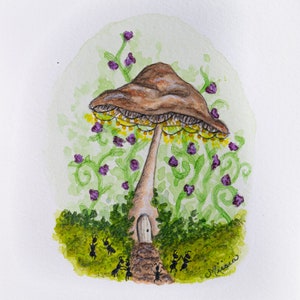 May include: Watercolor painting of a mushroom house with a small door and a string of lights. The mushroom is surrounded by green vines with purple flowers. There are small black ants walking around the base of the mushroom.