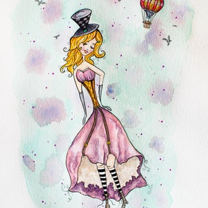 Steampunk Circus Cabaret ~ Whimsical pretty girl woman in steampunk costume | Illustration | Watercolor & Colored Pencil Art Print