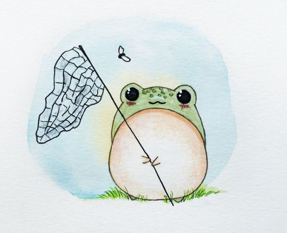 A Little Catch ~ Cute, whimsical, kawaii frog catching flies with a net |  Illustration | Watercolor & Colored Pencil Art Print