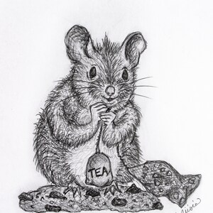 May include: A black and white pencil drawing of a mouse holding a tea bag that says "TEA" sitting on a cookie. The mouse is looking at the viewer.