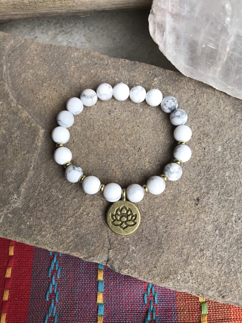 astrology bracelet for anxiety Hippy Jewelry Chakra Howlite Bronze Calming Lotus Charm Chunky Howlite Lotus Bracelet Stacking