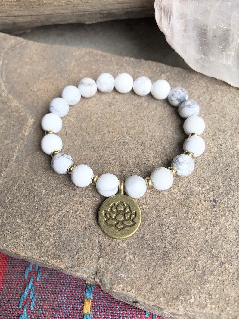 astrology bracelet for anxiety Hippy Jewelry Chakra Howlite Bronze Calming Lotus Charm Chunky Howlite Lotus Bracelet Stacking