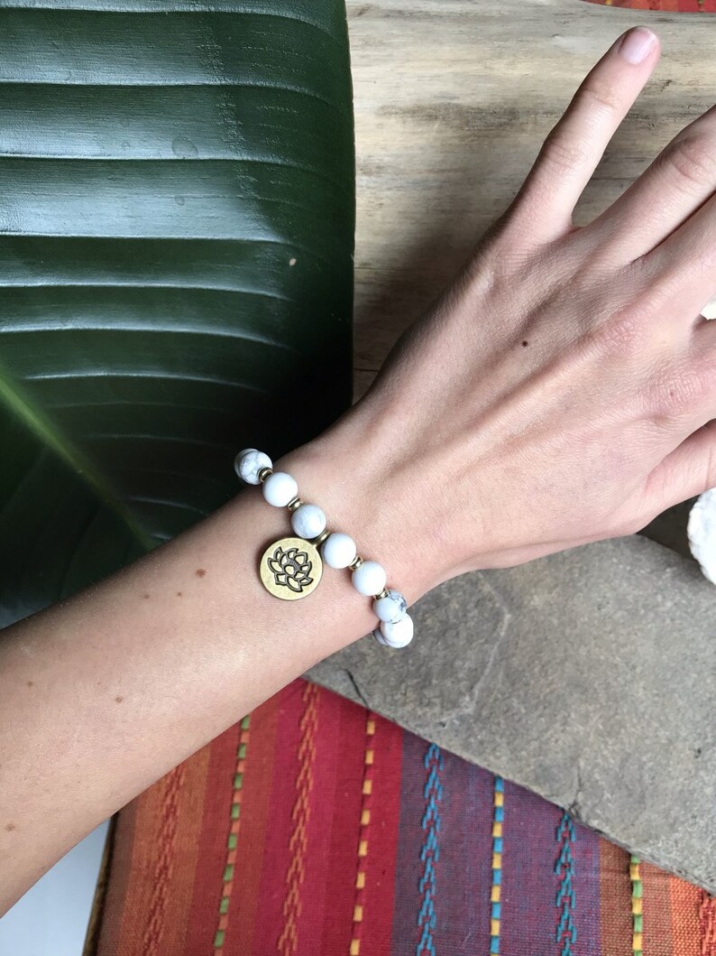 astrology bracelet for anxiety Hippy Jewelry Chakra Howlite Bronze Calming Lotus Charm Chunky Howlite Lotus Bracelet Stacking
