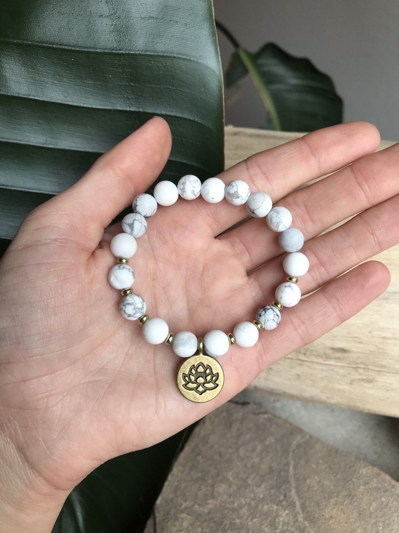 astrology bracelet for anxiety Hippy Jewelry Chakra Howlite Bronze Calming Lotus Charm Chunky Howlite Lotus Bracelet Stacking