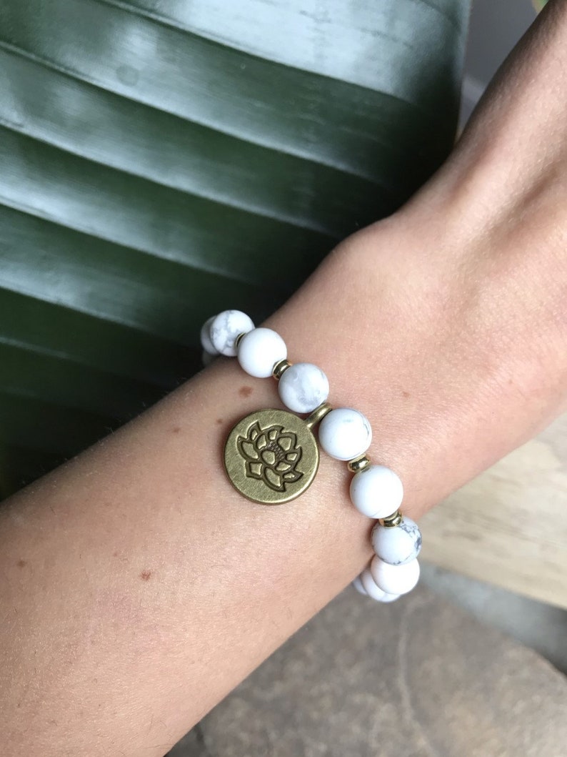 astrology bracelet for anxiety Hippy Jewelry Chakra Howlite Bronze Calming Lotus Charm Chunky Howlite Lotus Bracelet Stacking