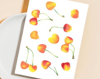 Lámina artística de acuarela de cerezas de verano, decoración de pared con estampado de cerezas, tarjetas de felicitación, póster de comida de cocina pintado a mano, regalo para amantes de la gastronomía.