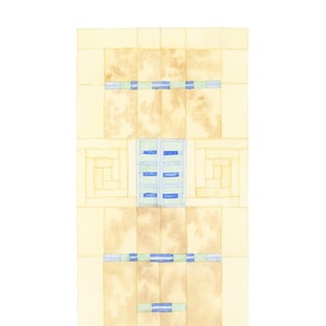 May include: A watercolor painting of a geometric pattern with a light yellow background, brown squares, and blue and green rectangles.