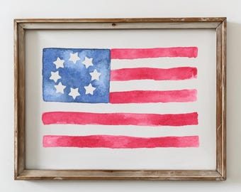 Impresión artística de acuarela de la bandera estadounidense vintage, pintura patriótica, 4 de julio, Día de los Veteranos, Día de los Caídos, decoración del hogar para niños, estrellas y rayas de EE. UU.