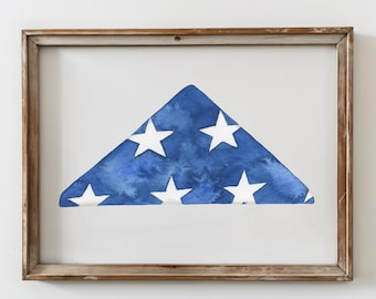 Lámina artística en acuarela de la bandera estadounidense plegada, patriótica, para el 4 de julio, Día de los Veteranos, Día de los Caídos, decoración del hogar, estrellas y rayas de EE. UU.