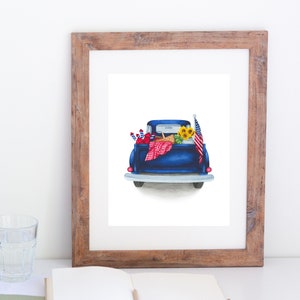 Watercolor Patriotic Vintage Truck, Old Rustic Pickup Truck Painting Art Print, Pickup Truck Gift, Fourth of July Fireworks, American Flag