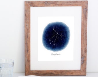 Watercolor Zodiac Constellation Art Print, Astrology wall art Horoscope decor, personalized star sign birthday card, family zodiac chart art