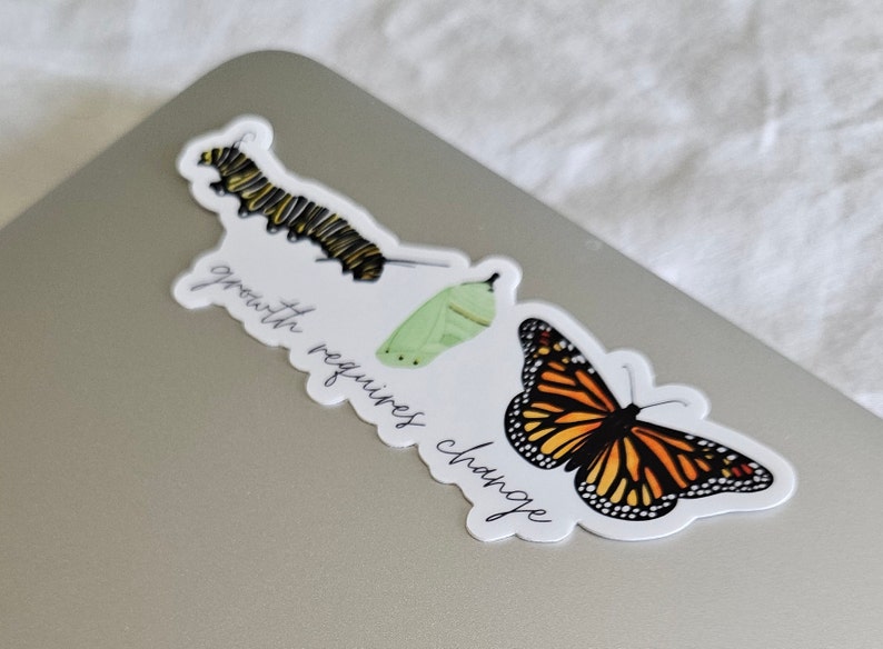 Pegatina de vinilo mate troquelada con la imagen de la mariposa monarca. El crecimiento requiere cambios. Resistente al agua y a los arañazos. Ideal para botellas de agua, portátiles y notebooks. imagen 6