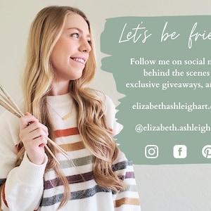 May include: A woman with blonde hair holds paintbrushes, wearing a white sweater with brown, orange, and green stripes. The image includes the text "Let's be friends" and social media information for behind-the-scenes content and giveaways.