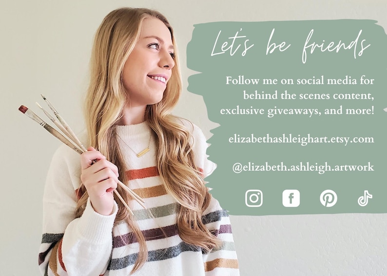 May include: A woman with blonde hair holds paintbrushes, wearing a white sweater with brown, orange, and green stripes. The image includes the text "Let's be friends" and social media information for behind-the-scenes content and giveaways.