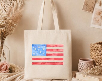 Patriotic American Flag art Tote Bag, teacher tote, cute market tote reusable shopping bag, canvas tote book bag Beach bag, gift for her him