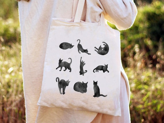 Black Cat Tote Bag, Black Cat Poses Pattern, gift for cat lover, cat mom dad, cute market tote, reusable shopping bag, canvas tote book bag