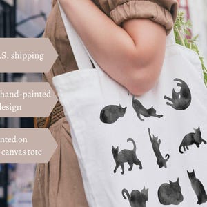 Black Cat Tote Bag, Black Cat Poses Pattern, gift for cat lover, cat mom dad, cute market tote, reusable shopping bag, canvas tote book bag image 2