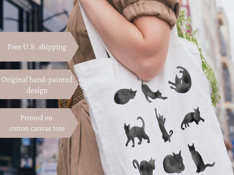 Black Cat Tote Bag, Black Cat Poses Pattern, gift for cat lover, cat mom dad, cute market tote, reusable shopping bag, canvas tote book bag image 2