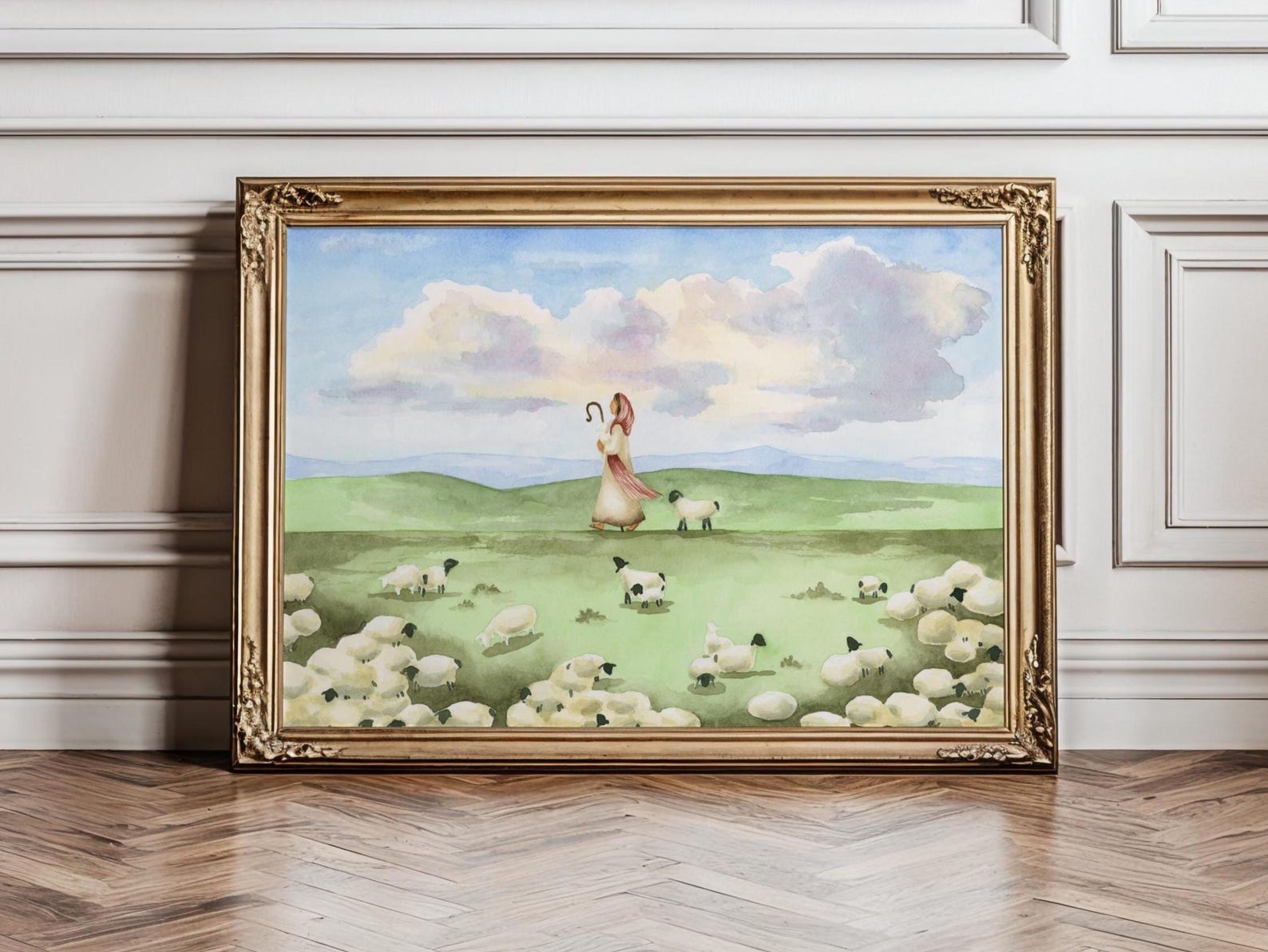 The Lord is My Shepherd Watercolor Art Print, Jesus With Sheep Flock ...