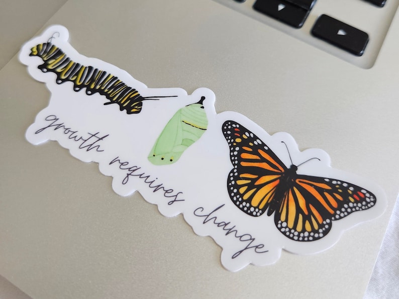 Pegatina de vinilo mate troquelada con la imagen de la mariposa monarca. El crecimiento requiere cambios. Resistente al agua y a los arañazos. Ideal para botellas de agua, portátiles y notebooks. imagen 9