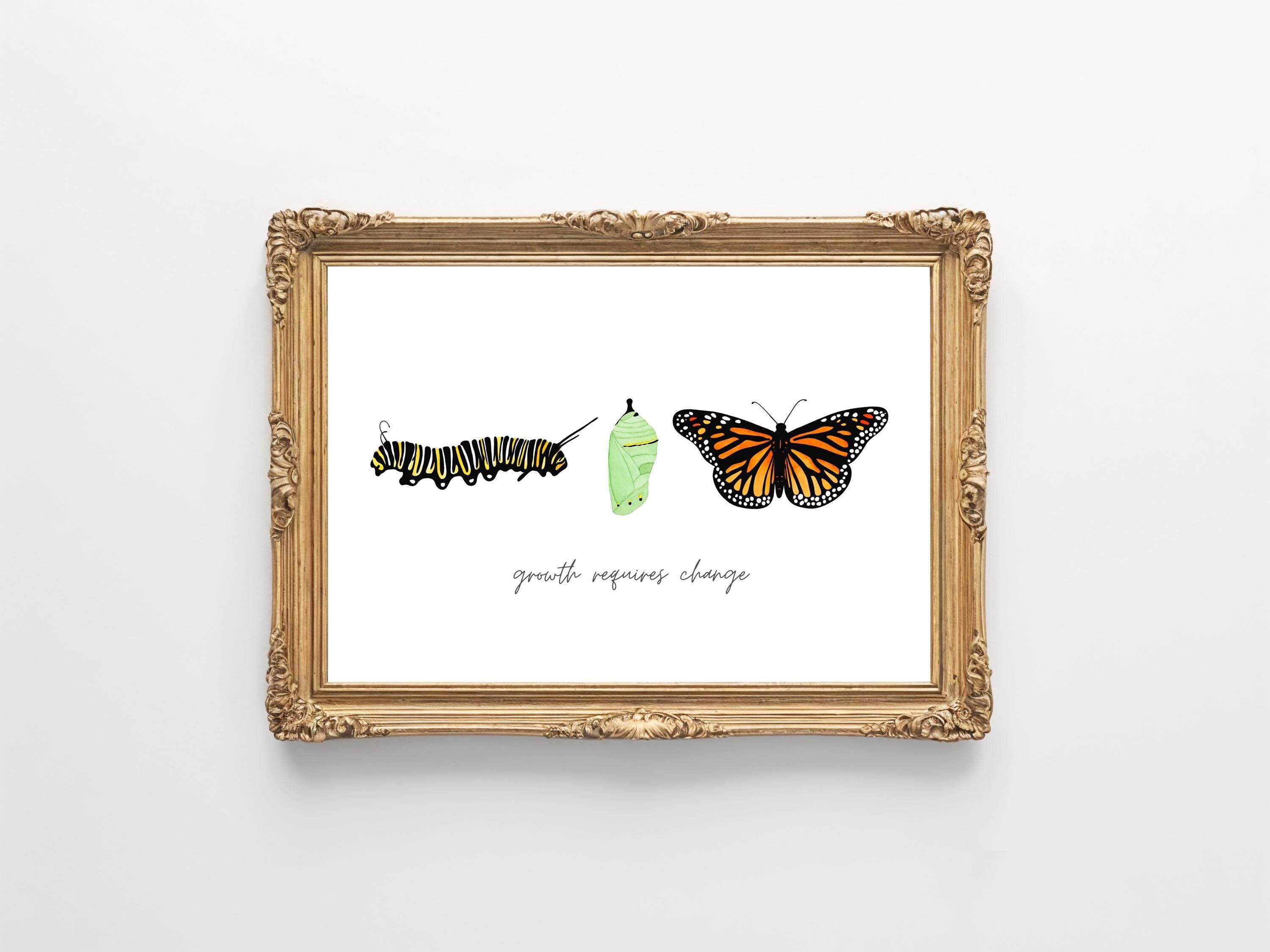 Growth Requires Change, Butterfly Cycle Inspirational motivational quote, Monarch butterfly illustration art print, caterpillar chrysalis