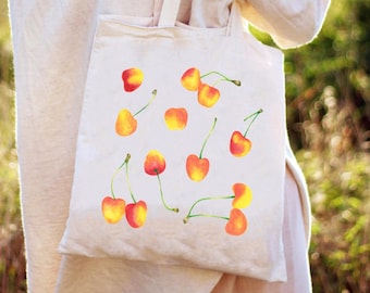 Summer Cherry Tote Bag, Cherries Pattern, gift for food lover, teacher, cute fruit market tote, reusable shopping bag, canvas tote book bag